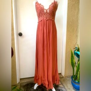 Free People One Adella Salmon Lace Rayon Tiered R… - image 1